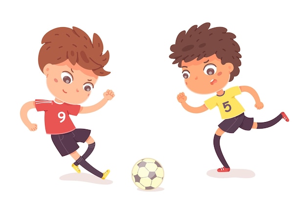 Vecteur gratuit garçons jouant au football ensemble deux petits enfants heureux faisant du sport en uniforme souriant des enfants frappant le ballon à pied entre eux sur fond blanc