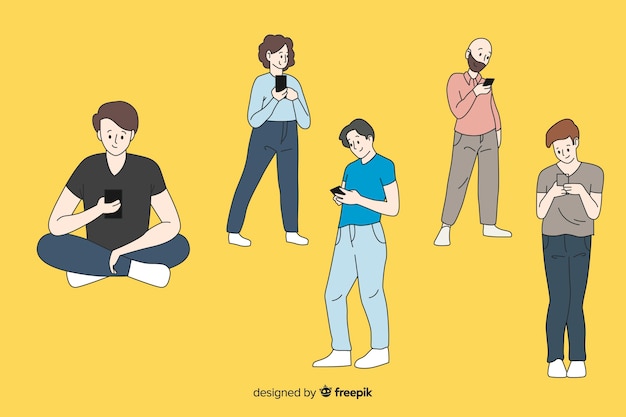 Garçons tenant des smartphones dans un style de dessin coréen