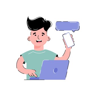 Le gars travaille sur un ordinateur portable et tient un téléphone isolé sur fond blanc style vecteur plat tendance