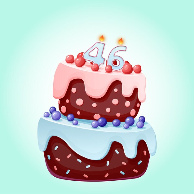 Gateau D Anniversaire De Quarante Quatre Ans Avec Des Bougies Numero 44 Image Vectorielle Festive De Dessin Anime Mignon Biscuit Au Chocolat Avec Des Baies Des Cerises Et Des Myrtilles Illustration De Joyeux Anniversaire