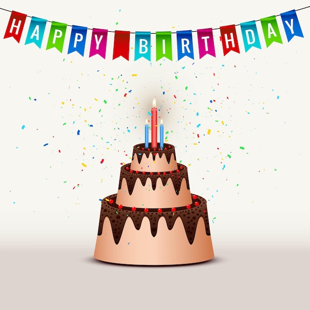 Vecteur gratuit gâteau au chocolat d'anniversaire avec chary rouge et trois bougies sur fond de confettis