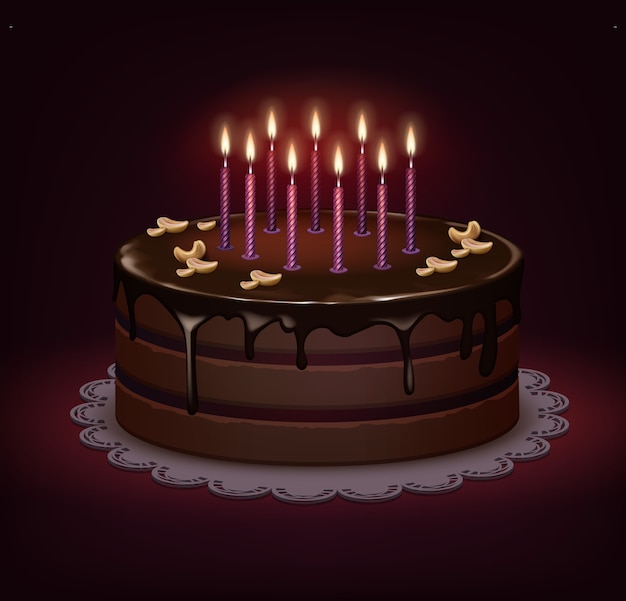 Gâteau au chocolat d'anniversaire de vecteur avec glaçage, noix et neuf bougies allumées sur fond sombre