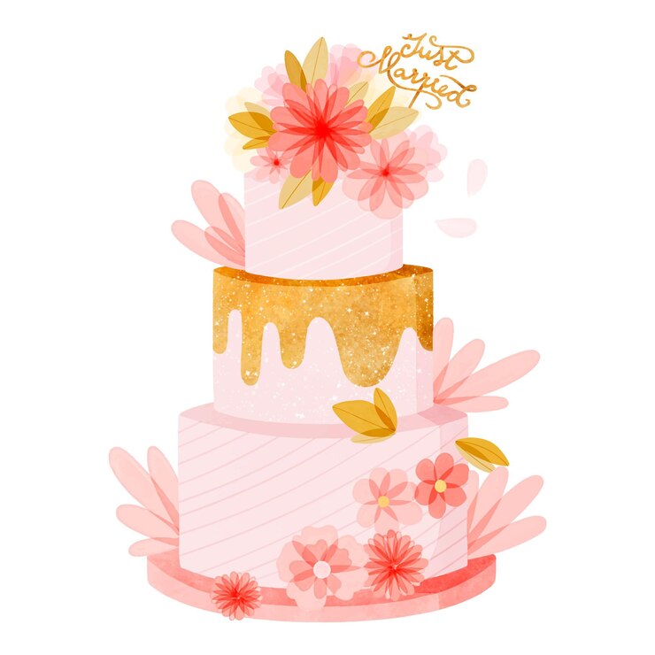 Vecteur gratuit gâteau de mariage aquarelle peint à la main avec décoration