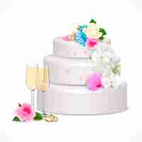 Vecteur gratuit gâteau de mariage festif élégant décoré de fleurs et de paires de verres de champagne composition réaliste illustration