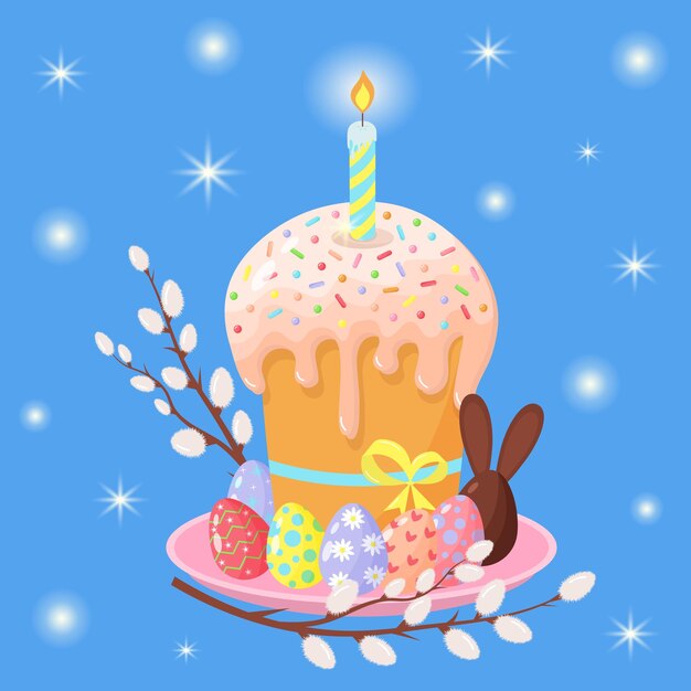 Gateau De Paques Sur Une Assiette Avec Une Bougie Peinte Oeufs Saule Et Oeuf De Lapin En Chocolat Joyeuses Paques Vecteur Premium