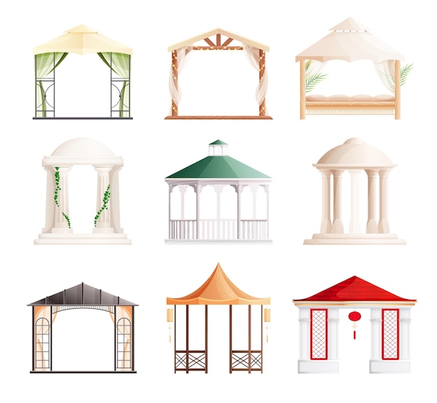 Vecteur gratuit gazebo dans différents styles pour jardins ou parcs ensemble plat illustration vectorielle isolée