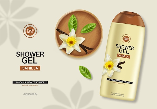 Vecteur gratuit gel douche cosmétiques vecteur réaliste placement de produit parfum vanille fond avec détaillé