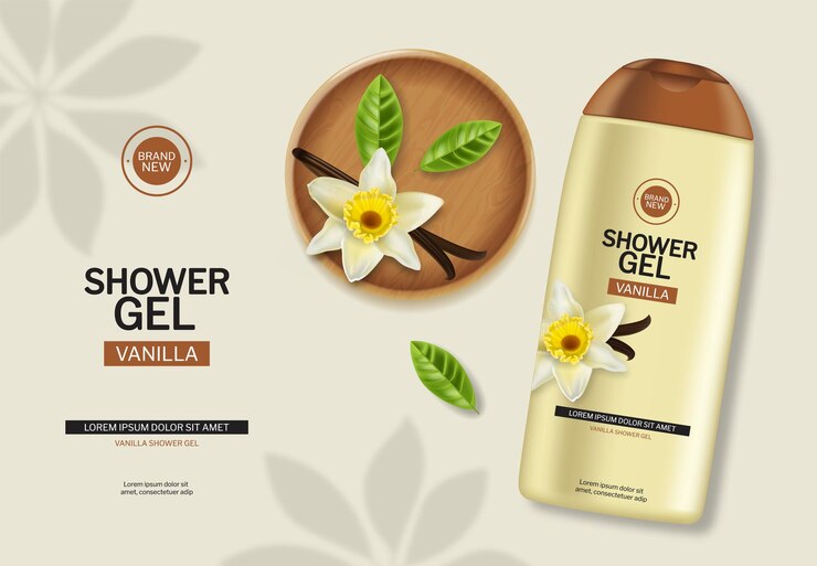 Vecteur gratuit gel douche cosmétiques vecteur réaliste placement de produit parfum vanille fond avec détaillé