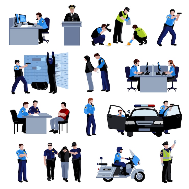 Vecteur gratuit gendarmes au bureau et à l'extérieur avec une voiture de police et arrestation de la situation