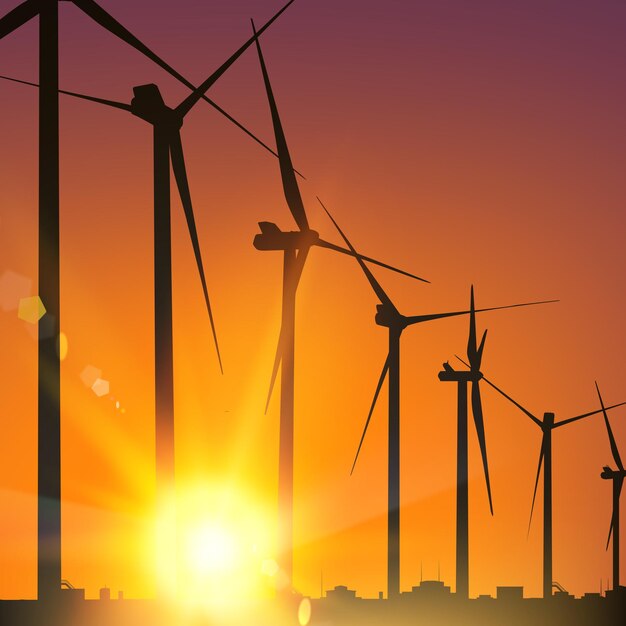 Générateurs d'éoliennes électriques au coucher du soleil. Illustration vectorielle.
