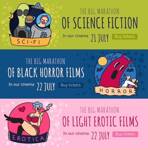 Genres De Cinéma 3 Bannières Horizontales Colorées Drôles Avec Horreur De Science-fiction Et Films érotiques Isolés