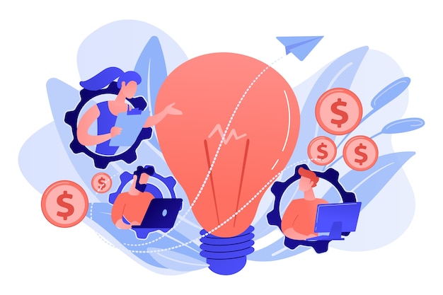 Gens D'affaires Engrenages Avec Des Ordinateurs Portables Fonctionnant Et Ampoule. Analyse Des Tendances Commerciales Et Choix Du Concept De Direction Commerciale Sur Fond Blanc.