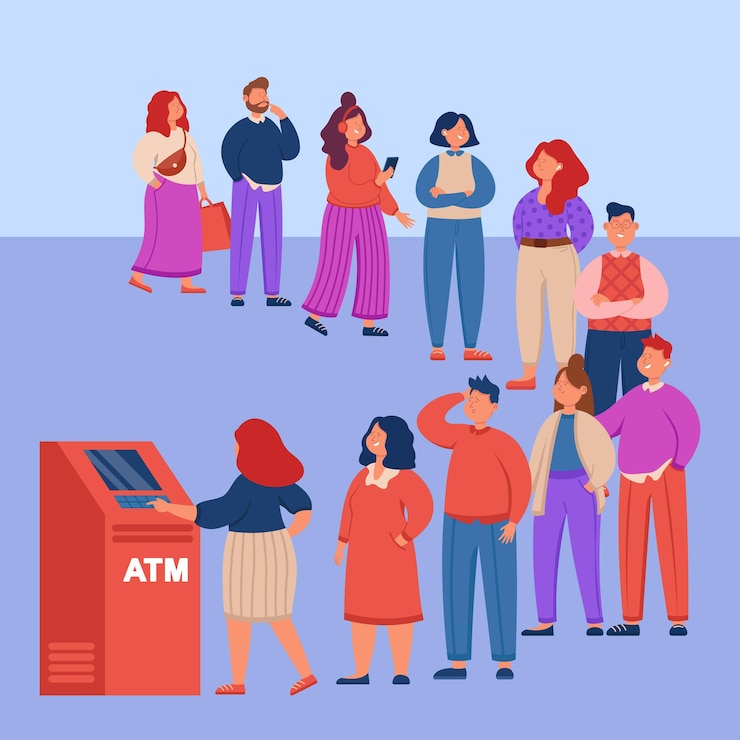 Vecteur gratuit gens d'affaires faisant la queue au guichet automatique de la banque. file d'attente au distributeur automatique de billets, illustration vectorielle plane de transaction monétaire. banque, paiement, concept de finances pour bannière ou page web de destination