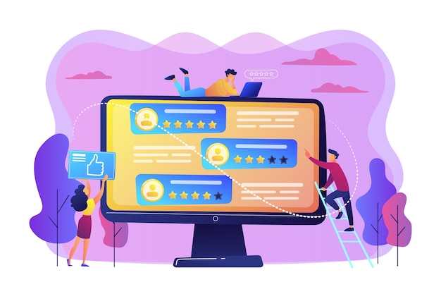 Les Gens D'affaires Minuscules Utilisant Le Site D'évaluation Pour Voter Sur Des Personnes Sur écran D'ordinateur. Site De Classement, Site De Classement Professionnel, Concept De Page De Classement De Contenu.