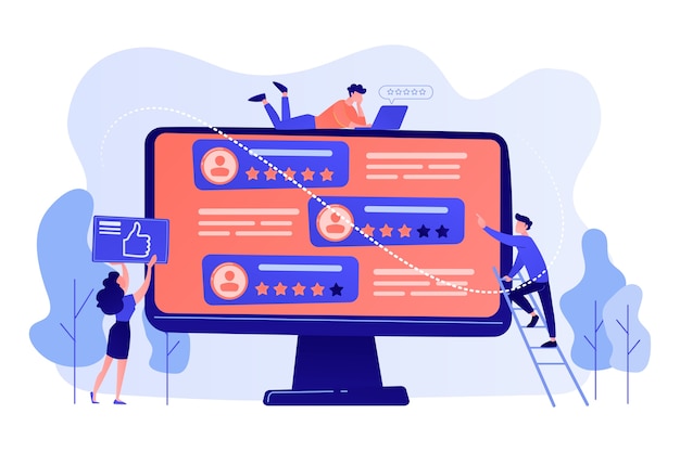 Vecteur gratuit les gens d'affaires minuscules utilisant le site d'évaluation pour voter sur des personnes sur écran d'ordinateur. site de classement, site de classement professionnel, illustration de concept de page de classement de contenu