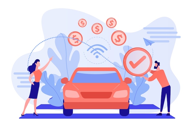 Gens D'affaires Payant Dans Un Véhicule équipé D'un Système De Paiement Embarqué. Dans Les Paiements De Véhicules, La Technologie De Paiement En Voiture, Le Concept De Services De Vente Au Détail Moderne