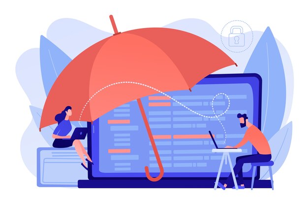Les gens d'affaires travaillent avec des ordinateurs portables protégés contre les risques liés à Internet. Cyber-assurance, marché de la cyber-assurance, concept de protection contre les risques de cybercriminalité. Illustration isolée de bleu corail rose