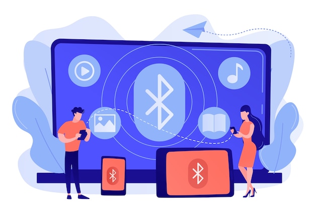 Vecteur gratuit les gens d'affaires utilisant des appareils connectés avec bluetooth. connexion bluetooth, norme bluetooth, concept de communication sans fil de l'appareil