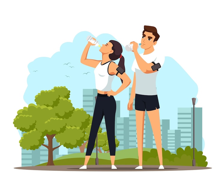 Vecteur gratuit les gens boivent de l'eau pure après avoir couru une femme et un homme avalant de l'eau douce pendant une pause sportive dans le parc sportif de mode de vie sain faisant de l'exercice dans la nature