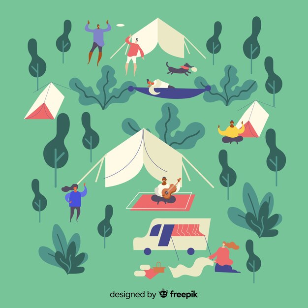 Gens camping illustration design plat