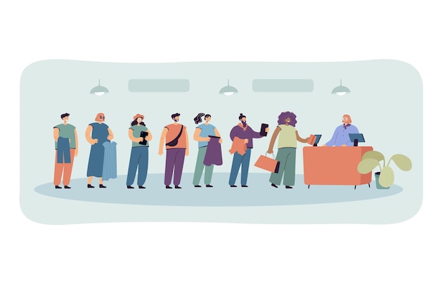 Gens de dessin animé debout dans l'illustration plate de la file d'attente. Les hommes et les femmes en attente dans la boutique de vêtements en face de la caisse et du vendeur