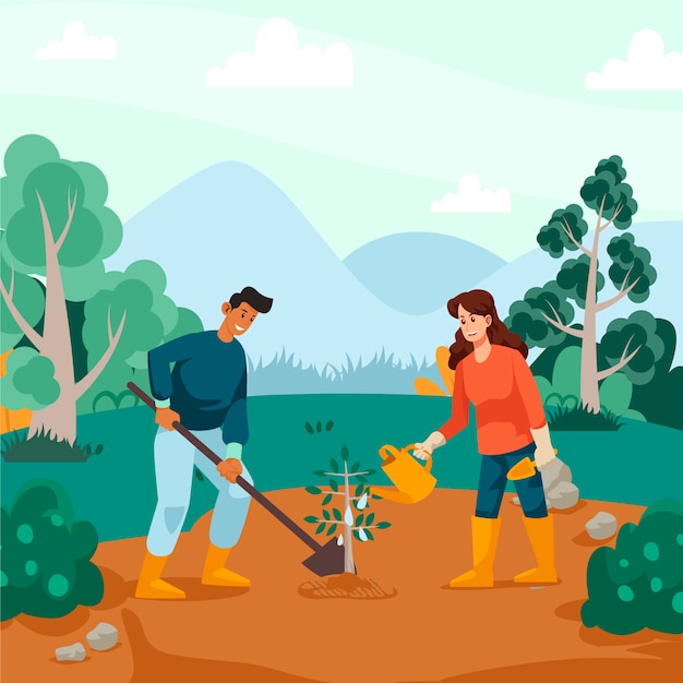 Vecteur gratuit gens dessinés à la main plantant un arbre