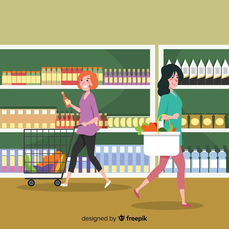 Vecteur gratuit gens dessinés à la main, shopping dans le contexte du supermarché