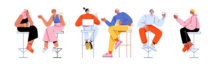 Vecteur gratuit les gens du bar assis sur des chaises hautes boivent de l'alcool