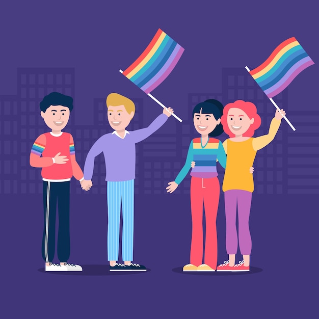 Vecteur gratuit les gens étant heureux et tenant le drapeau lgbt