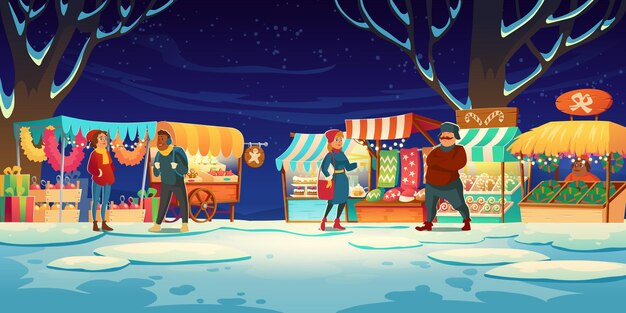 Les gens sur la foire de Noël avec des étals de marché avec des bonbons, des chapeaux de père Noël, des gâteaux et des pains d'épices