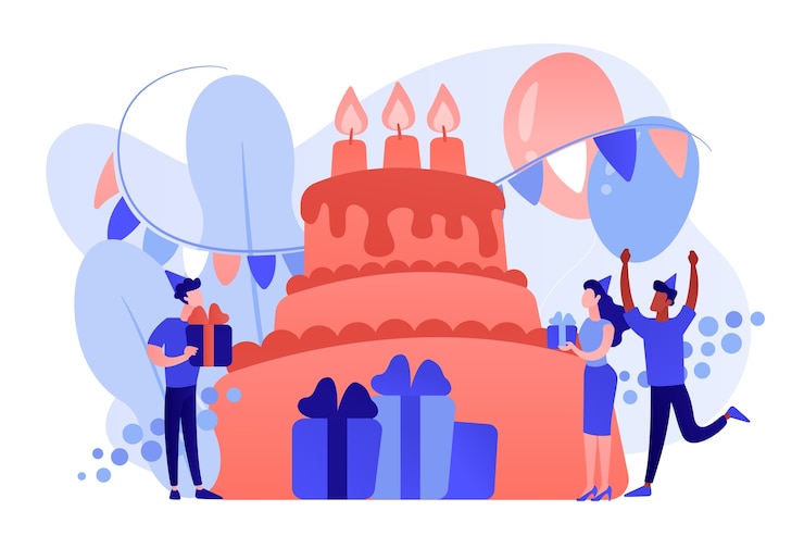 Vecteur gratuit des gens heureux avec des cadeaux pour célébrer l'anniversaire à un énorme gâteau. fournitures de fête d'anniversaire, invitations de fête d'anniversaire, concept de planification d'anniversaire. illustration isolée de bleu corail rose