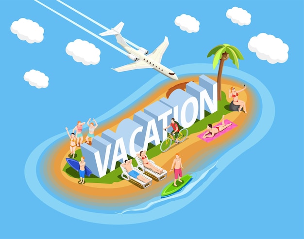 Les Gens Sur L'île Pendant La Composition Isométrique Des Vacances à La Plage Sur Bleu Avec Avion Dans Le Ciel