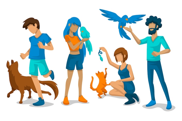 Vecteur gratuit les gens jouent avec leurs animaux domestiques