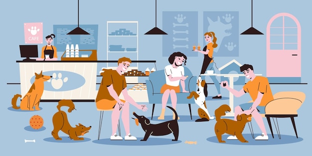 Vecteur gratuit les gens jouent et mangent avec des chiens au café pour animaux de compagnie illustration vectorielle plane