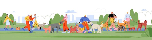 Les gens marchent et jouent avec des chiens dans le parc de la ville