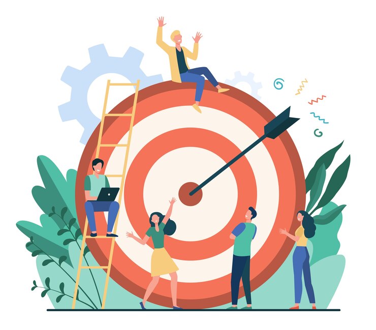 Vecteur gratuit des gens minuscules positifs assis et marchant près de cible énorme avec illustration vectorielle plane flèche isolée. équipe commerciale de dessin animé atteignant l'objectif ou le but. stratégie marketing et concept de réalisation