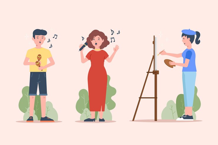 Vecteur gratuit des gens modernes faisant des activités culturelles