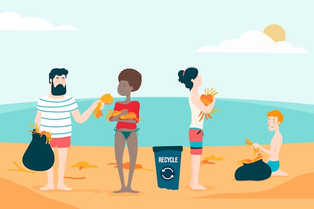 Vecteur gratuit les gens nettoient la plage des algues