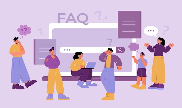 Les Gens Pensifs Posent Des Questions, Recherchent Des Réponses En Ligne. Illustration Vectorielle Plate De La Page Faq Avec Des Personnages Curieux Et Perplexes, Un Ordinateur Portable, Des Points D'interrogation Et Des Bulles