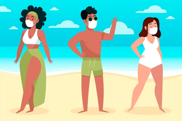 Vecteur gratuit gens sur la plage portant des masques faciaux