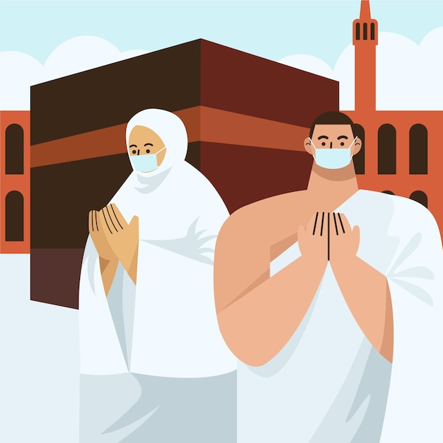 Gens Plats Avec Masque Médical En Illustration De Pèlerinage Hajj