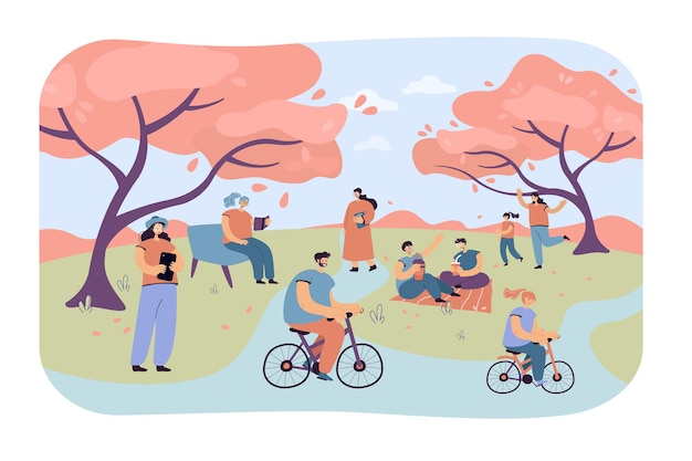 Gens Positifs Assis Dans Le Parc De La Ville Avec Des Cerisiers Isolé Illustration Plat