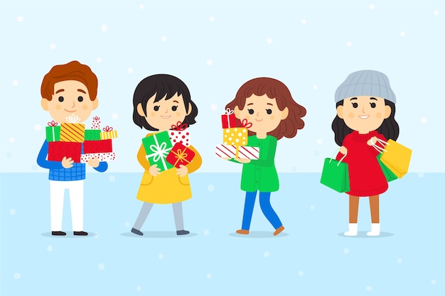 Vecteur gratuit les gens qui achètent un paquet de cadeaux de noël