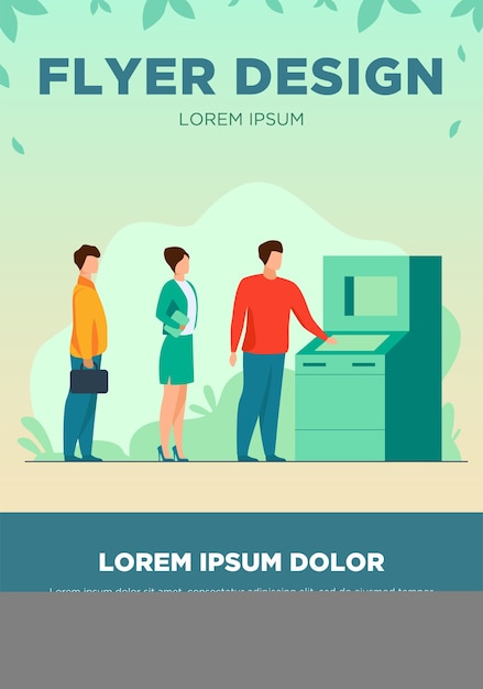 Vecteur gratuit les gens qui attendent dans la file d'attente pour l'illustration vectorielle de guichet automatique. les clients font la queue pour le paiement. retirer de l'argent en banque