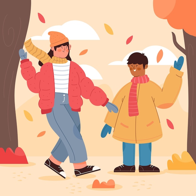 Vecteur gratuit gens qui marchent en automne illustration