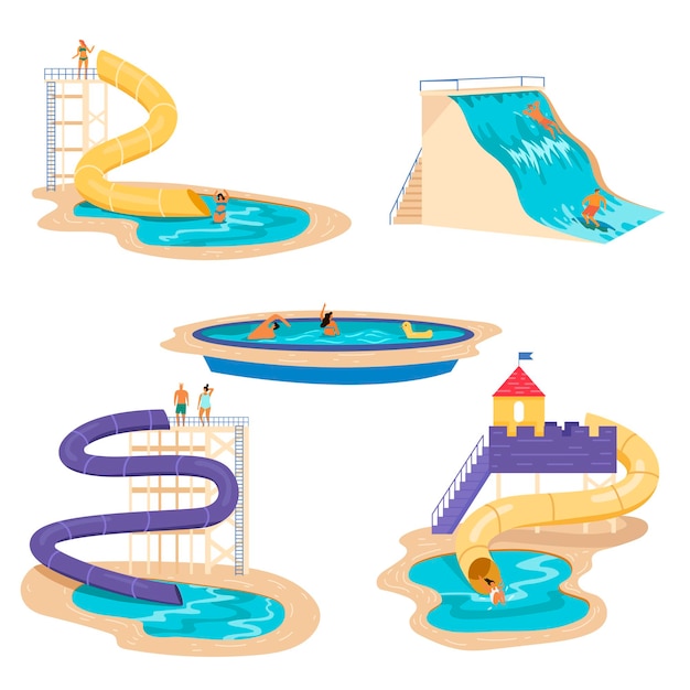 Vecteur gratuit les gens se détendent à l'ensemble d'illustrations du parc aquatique