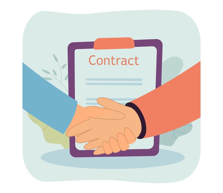 Vecteur gratuit les gens se serrent la main après la signature du contrat. hommes d'affaires faisant affaire illustration vectorielle plane. accord, partenariat, concept d'investissement pour bannière, conception de site web ou page web de destination