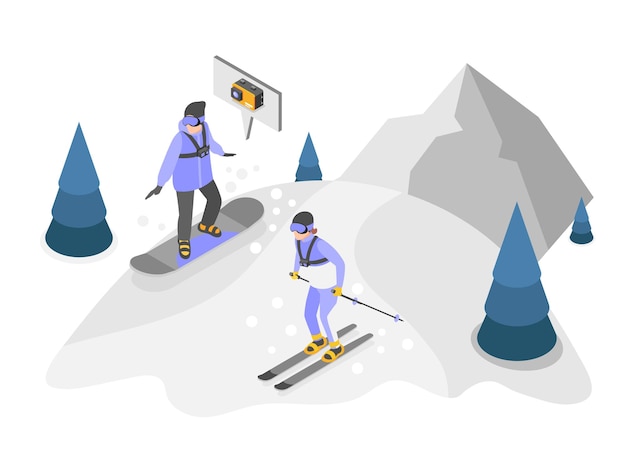 Vecteur gratuit les gens skient et font du snowboard en descente se tirant dessus sur l'illustration vectorielle de composition isométrique de la caméra d'action