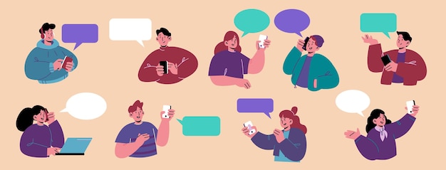 Vecteur gratuit les gens avec des smartphones et des bulles. jeunes hommes et femmes utilisant des gadgets pour discuter et envoyer des sms à des amis. les personnages communiquant utilisent les technologies internet, illustration vectorielle plane art plat