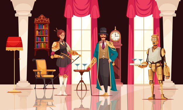 Les gens Steampunk avec des bras robotisés et un robot serviteur dans la chambre en illustration de dessin animé de style victorien